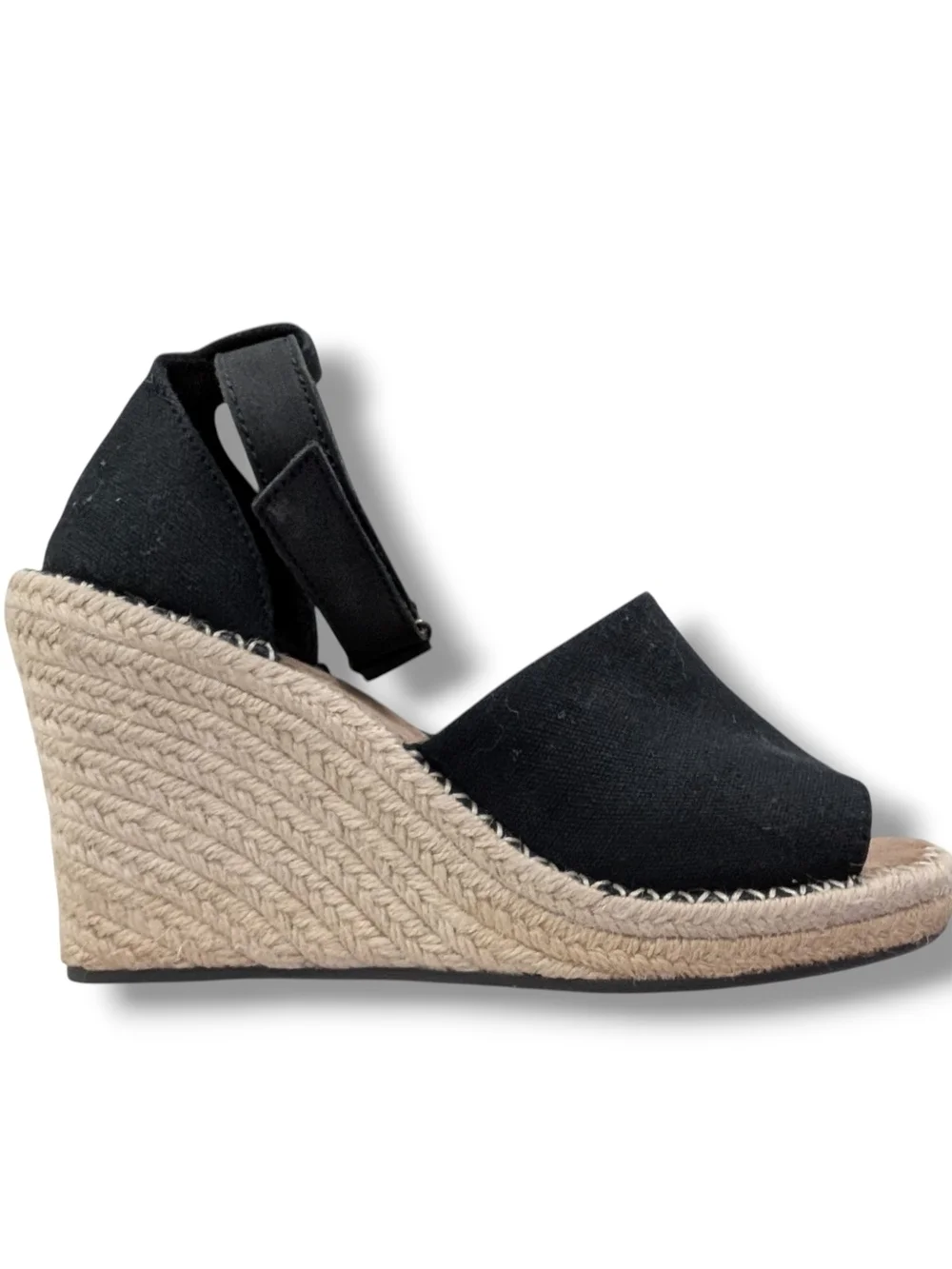 Toms Marisol Black Espadrille Wedge Sandals with Ankle Strap, Size 6